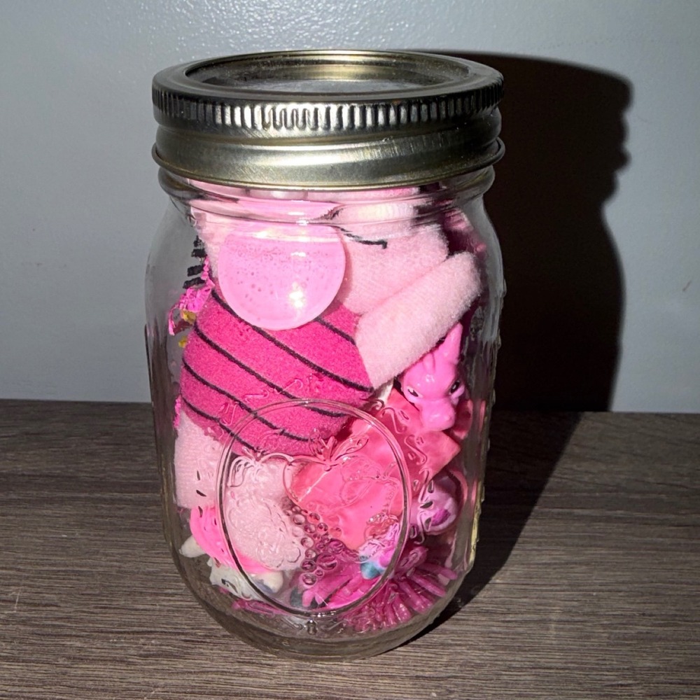Pink Mystery Trinket Mason Jar Curated Miniature Collection Shelf Decor Ball Jar